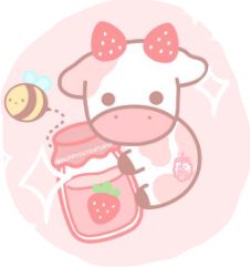 a cow with a jar of strawberry jam on it's back and a bee in its mouth