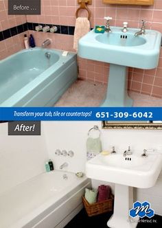 before and after photos of a bathroom remodel with pink tile walls, white fixtures, and blue bathtub