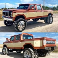 two pictures of the same truck in different colors and sizes, one is brown with tan trim