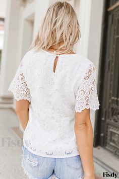 Fisdy - Crochet Lace Short Sleeve Blouse with Elegant Design Crochet Lace Shorts, Crochet Lace Blouse, Crochet Short, Bodysuit Blouse, Clothing Catalog, Floral Crochet, Lace Print, Sweatshirt Short Sleeve, Lace Short