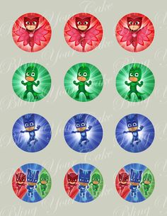 the pj masks stickers are all in different colors and sizes, including green