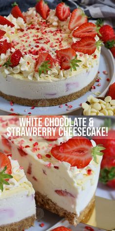 two different cheesecakes with strawberries on top and white chocolate and strawberry cheesecake