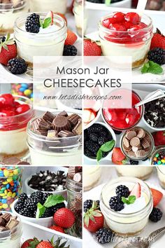 mason jar cheesecakes with berries, chocolate and marshmallows in them