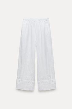 Linen Pull-on Style Bottoms For Loungewear, Elegant Linen Pants For Loungewear, Linen Pants With Elastic Waistband For Loungewear, Linen Bottoms For Loungewear With Straight Hem, Linen Bottoms With Straight Hem For Loungewear, Chic Linen Bottoms For Daywear, Linen Wide Leg Pants For Daywear, Relaxed Linen Wide Leg Pants For Daywear, Relaxed Fit Wide Leg Linen Pants For Daywear