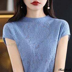 Olivia Mark - Mock Cashmere Short Sleeve Knit Top with Half High Neck - Loose Fit Lace Underlayer Knit Top Short Sleeve Knit Top, Cashmere Outfits, Batwing Sleeve, Types Of Collars, Knit Top, Types Of Sleeves, High Neck, Cashmere, Cover Up