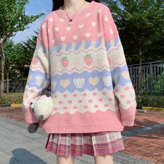 Strawberry Cupcake Sweater (Pink) – Megoosta Fashion Strawberry Sweater, Kawaii Sweater, Winter Fashion Jackets, Pastel Sweater, Pull Rose, Mori Girl Fashion, Style Kawaii, Harajuku Outfits, Embroidery Sweater