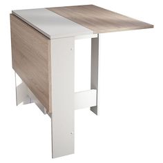 a white and wood table with one drawer on the bottom, in front of a white background