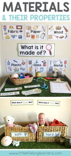 a baby in a basket with the words materials and their properties on it, next to an image of what is it made of?