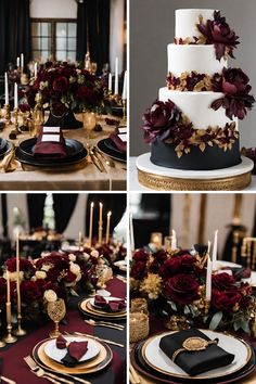 the table is set with black and gold plates, red flowers, and white cake