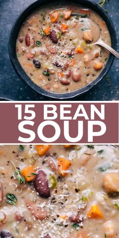 bean soup with carrots, potatoes and parmesan cheese in a black bowl