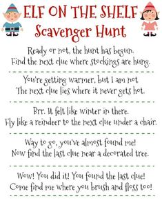 an elf on the shelf scavenger hunt is shown in this printable activity