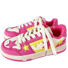 Pink and Yellow Star Sneakers - EU36 (US6.0) / Pink Pink Star Shoes, Pink And Yellow Outfit, Kawaii Swimsuit, Yellow Clothes, Anime Lingerie, Kawaii Shoes, Yellow Star, Cottagecore Fashion, Kawaii Dress