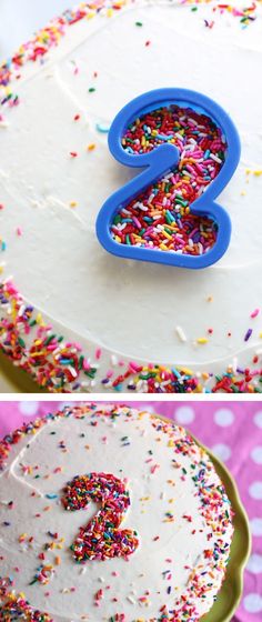 two photos of a birthday cake with sprinkles and the number 2 on it