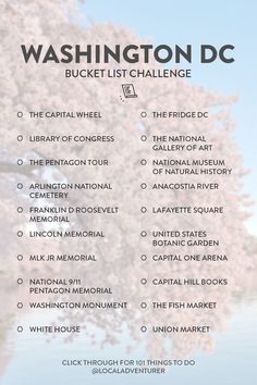 the washington dc bucket list is shown in front of a cherry blossom tree and water