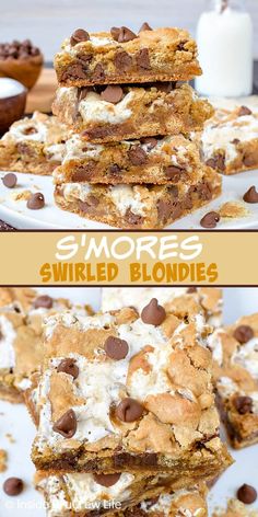 s'mores swirled blondies are stacked on top of each other with chocolate chips and marshmallows