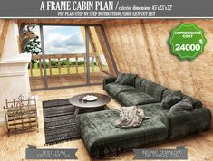 a living room with wooden walls and flooring in the background is an advertisement for a frame cabin plan