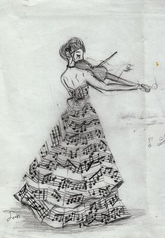 a drawing of a woman in a long dress with musical notes on the skirt and violin