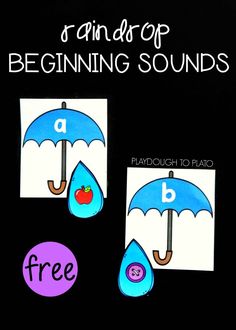 two pictures with the words beginning sounds and an umbrella on them, in front of a black background