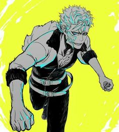 an anime character with blue hair and black pants, holding his hand out to the side