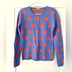 Manoush Blue With Coral Flowers Women Fitted Sweater. Brand New. Size L (Good As M But Marked As L) Winter Blue Floral Print Tops, Blue Floral Print Top For Winter, Blue Floral Print Tops For Winter, Fall Pullover Sweaters, Aeropostale Sweater, Lucky Brand Sweater, Cream Knit Sweater, Zara Sweater, Sweater Brands