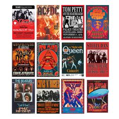 an assortment of concert posters from the 1970's and early'80s's