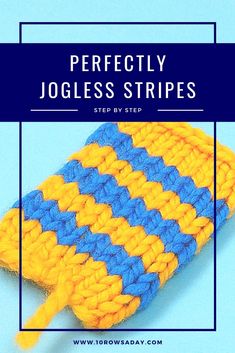 a yellow and blue crocheted object with the words perfectly joggles stripes