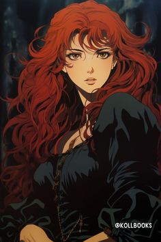 an anime character with long red hair and black clothes, holding her hand on her hip