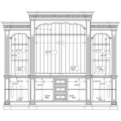 a drawing of the front and side of a cabinet with measurements for each section on it