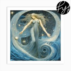 a painting of a woman with long hair standing in the water and stars above her