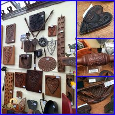 there are many different pieces of leather on the wall and one is made out of wood