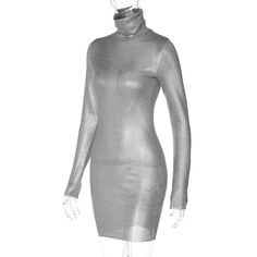 Features: Upgrade your wardrobe with our elegant Silver Turtleneck Long Sleeve Mini Dress. This dress is perfect for any occasion, whether it's a night out or a special event. The sparkly bodycon design will surely turn heads, while the classic turtleneck and long sleeves will keep you warm and stylish in the autumn and winter months. A must-have for any fashion-forward woman. Shiny Fitted Long Sleeve Dress, Fitted Long Sleeve Shiny Dresses, Fitted Winter Bodycon Dress For Party, Fitted Shiny Long Sleeve Dresses, Elegant High Neck Mini Dress For Night Out, Winter Party Bodycon Dress, Metallic Fitted Mini Dress With Long Sleeves, Winter Party Bodycon Dress With Stretch, Stretch Bodycon Dress For Winter Party