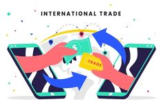 two hands exchanging money over a tablet with the words international trade in front of them