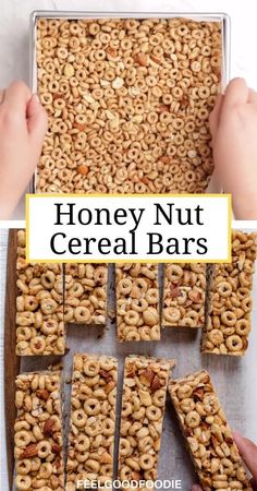 honey nut cereal bars in a box with hands grabbing the top and bottom one out