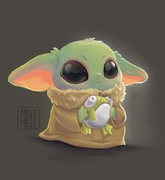 the baby yoda is holding a fish in its arms and wearing a scarf on it's back