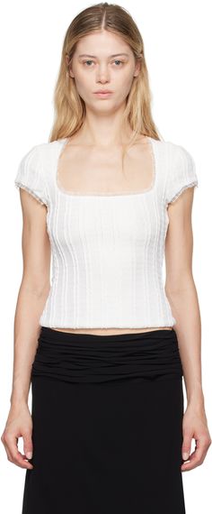 Knit stretch polyester T-shirt. Pinched seams throughout. · Ruffled lace trim at square neck and cuffs · Full stretch nylon mesh lining Supplier color: White Danielle Guizio, Square Neck, Lace Trim, Apparel Accessories, Color White, Womens Tops, Mesh, Trim, Outfit Accessories