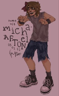 a drawing of a young man in shorts and sneakers with the words mica affoon on it