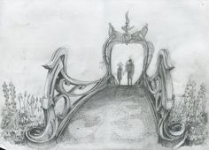 a drawing of a bridge with two people standing at the top and an arch leading to another person