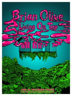 the poster for an upcoming concert featuring live living on top, with pink and green graphics