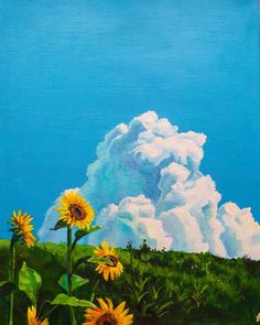 a painting of sunflowers and clouds in the sky