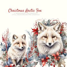 two white foxes with red berries and holly wreaths on their heads, sitting next to each other