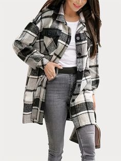 #ad Find ideas�and inspiration for Stylish Plaid Print Shacket Jacket - Casual Jackets for Women with Elegant Long Sleeve, Button Front, Turn Down Collar, Mid Length Outerwear, Perfect for Daily Wear, Outdoor Activities, and Office Settings, Women's Jeckets Plaid Shacket Jeans, Vintage Plaid, Grey Jeans, Plaid Jacket, Fashion Mode, Black Plaid, Casual Jacket, Shirt Jacket