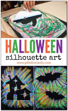 halloween silhouette art for kids to make with melted paper and glue, including bat shapes