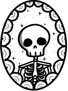 a black and white drawing of a skeleton in an oval frame with stars around it