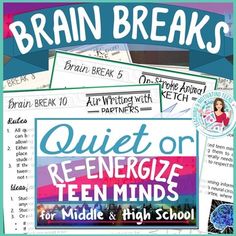 a bunch of papers that have been placed on top of each other with the words, brain breaks quiz or re - energize teen minds for middle and high school