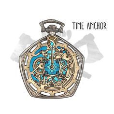 a drawing of a pocket watch with the words time anchor on it's side