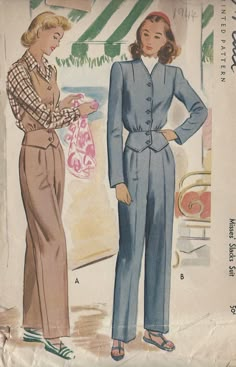 1944 Vintage Sewing Pattern B30"-W25" SUIT-PANTS & JACKET (105) | eBay 1940s Suit, Vintage Vogue Sewing Patterns, 40s Fashion, Suit Trousers, Couture Vintage, Trousers Pants, Old Fashion, 1940s Fashion, Vintage Vogue