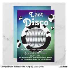 a party card with a disco ball and cow print on the front in blue, green, black and white