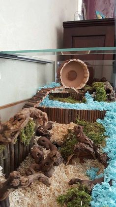 a display case filled with fake wood and moss