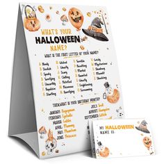 a halloween party game with pumpkins on it and a place card for the name