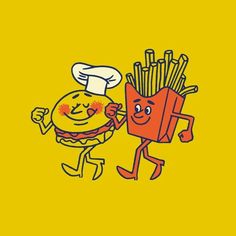 an illustration of a hamburger and fries on a yellow background